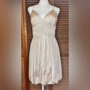 Max & Cleo Spaghetti Strap Beige  and Cream Silk Dress w/ Bubble Hem